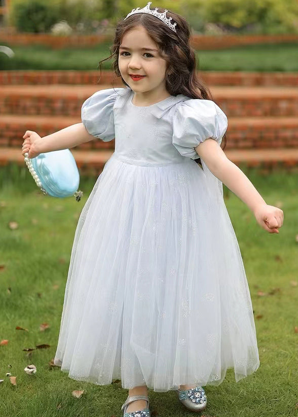 Cute Lighy Blue O-Neck Patchwork Wrinkled Tulle Kids Long Dress Summer XZ007 SDGL240618
