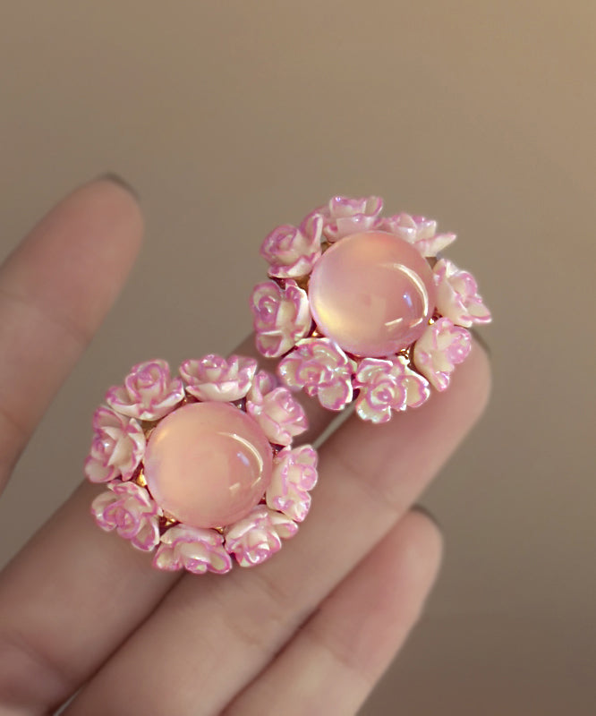 Cute Pink Alloy Inlaid Cat Eye Stone Floral Stud Earrings YZ001 ABC