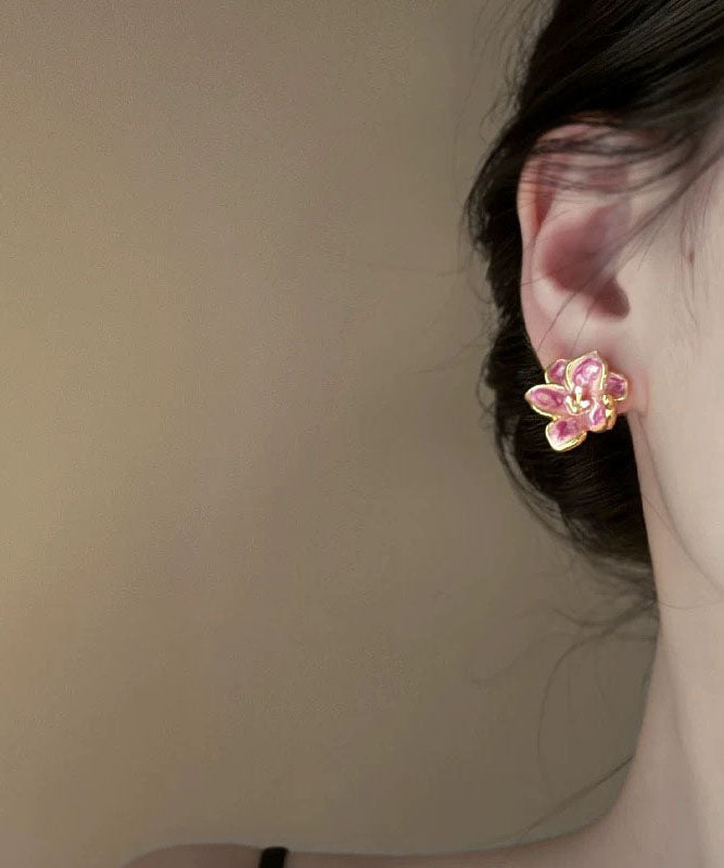 Cute Pink Metal Drip Glaze Floral Stud Earrings TX051