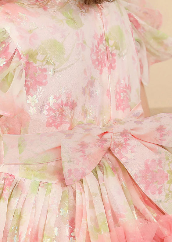 Cute Pink Ruffled Print Patchwork Tulle Girls Long Dress Short Sleeve EW019 WS-JRTZSDL240810