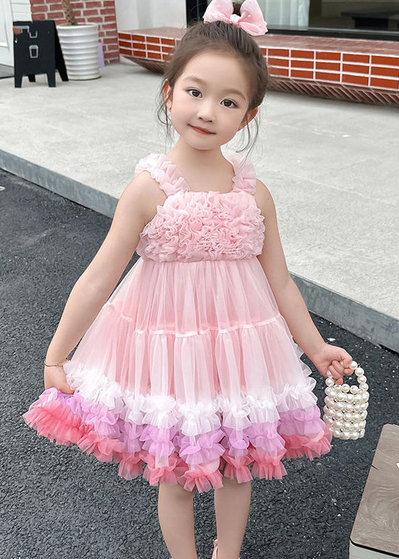 Cute Pink Slash Neck Patchwork Tulle Kids Long Dress Summer EW002 WS-JRTZSDL240810