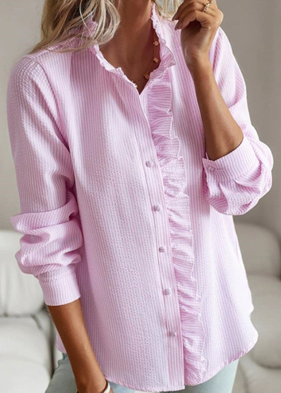 Button Stand Fall Collar Shirt Cute Pink FashionChic