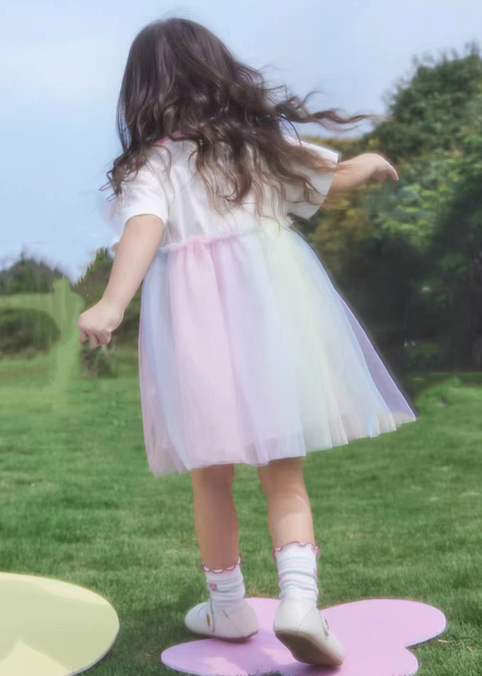 Cute Rainbow Print Tulle Patchwork Cotton Girls Dress Summer EW049 WS-RCTZSDGM240809