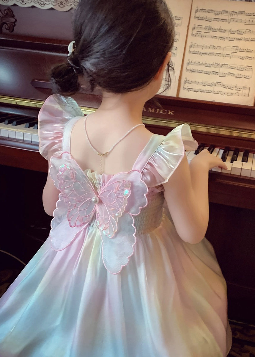 Cute Rainbow Wrinkled Bow Pearl Tulle Girls Maxi Dresses Sleeveless XZ034 SDGL240618
