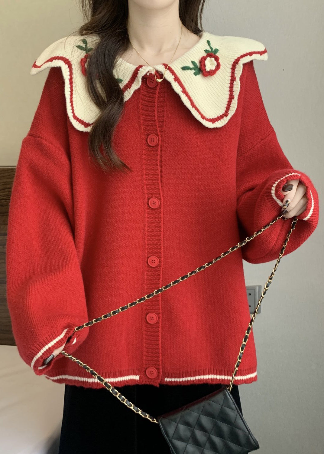 Cute Red Peter Pan Collar Embroidered Knit Loose Cardigans Winter RG024 ABC