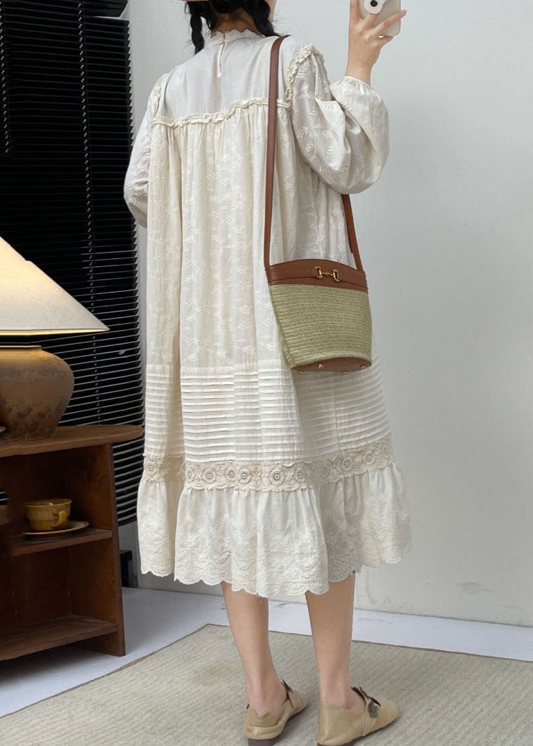 Cute White Embroidered Ruffled Patchwork Wrinkled Cotton Maxi Dress Long Slee BV030 MZF-FDL240702