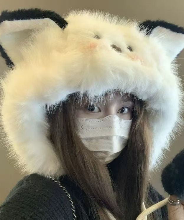 Cute White Lace Up Faux Fur Thick Warm Bucket Hat RB055 ABC