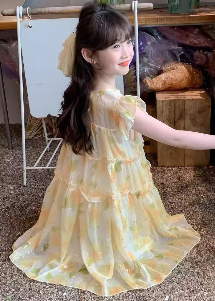 Cute Yellow O-Neck Ruffled Chiffon Girls Long Dress Summer TT021 MM-RCTZSDGL240816