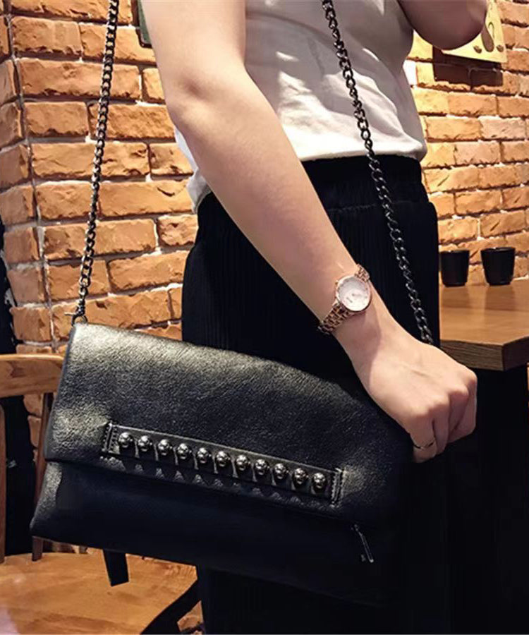 DIY Black Rivet Chain LinkedFaux Leather Satchel Handbag UU1091 Bag-BGS240527