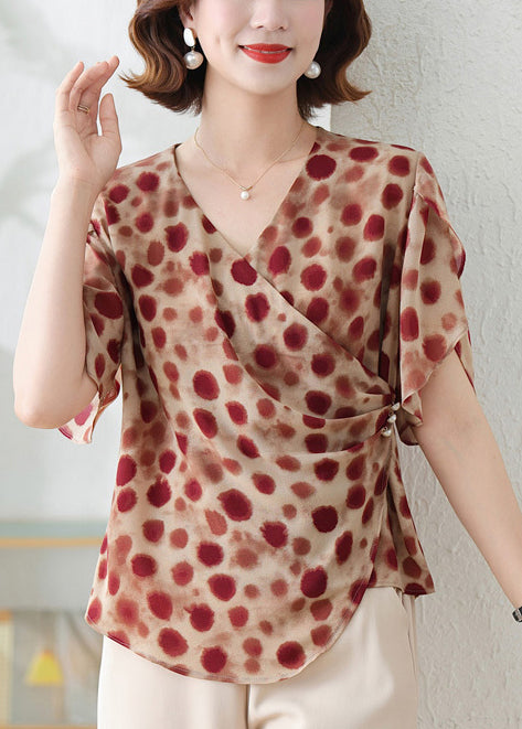 Shirts Print Red Brick DIY Chiffon Summer Asymmetrical FashionChic