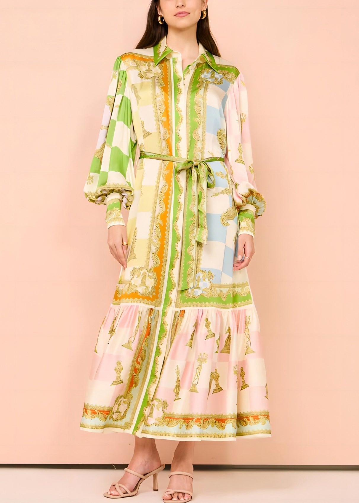 Tie Button DIY Maxi Green Dress Lantern Collar Peter Pan Waist FashionChic