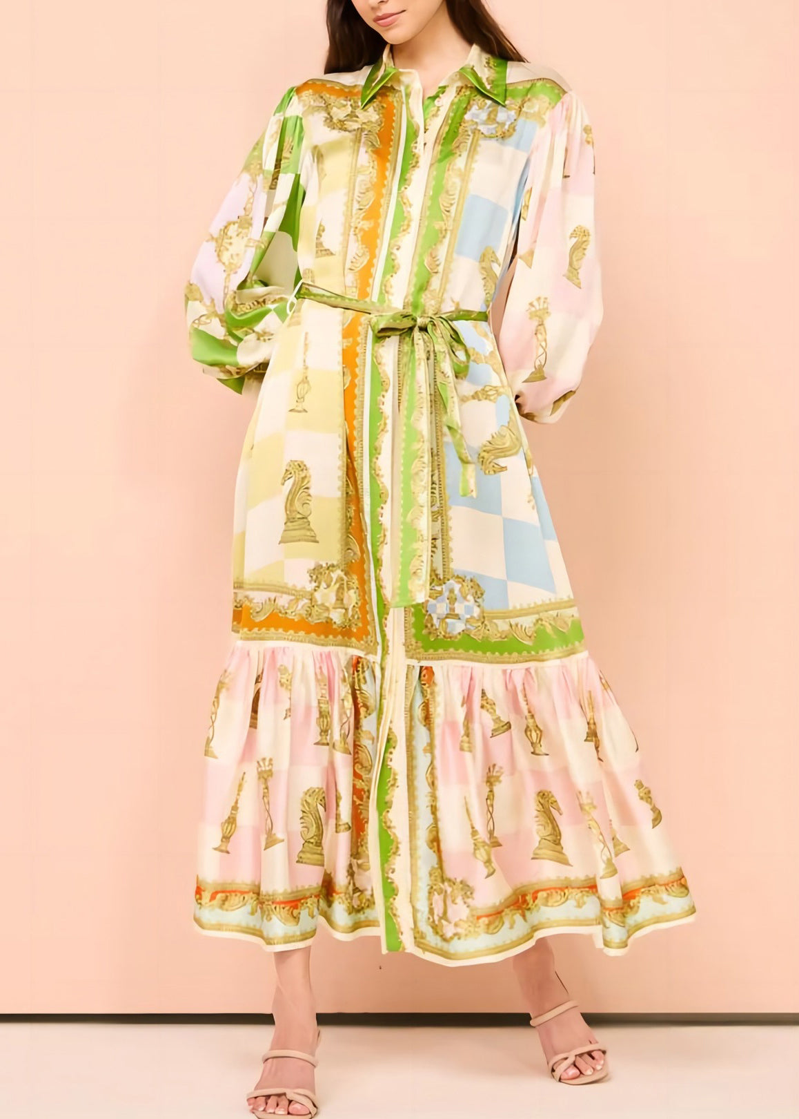 Tie Button DIY Maxi Green Dress Lantern Collar Peter Pan Waist FashionChic