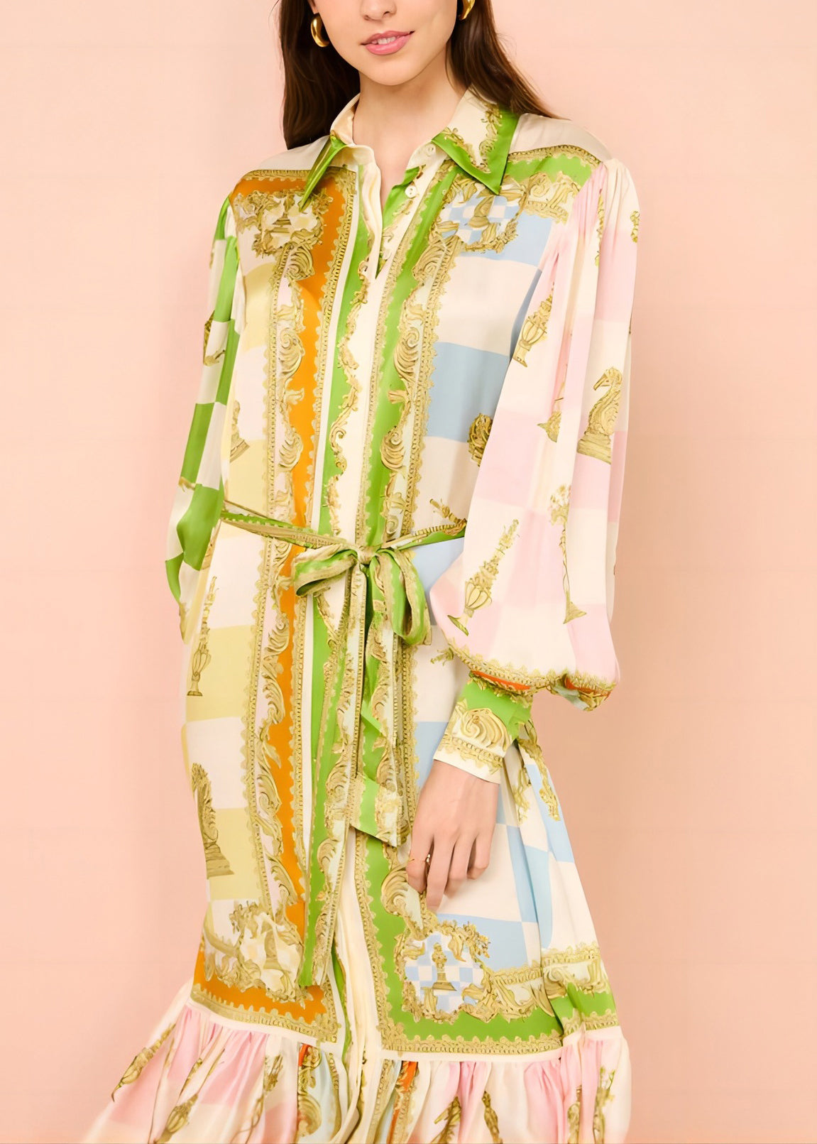 Tie Button DIY Maxi Green Dress Lantern Collar Peter Pan Waist FashionChic