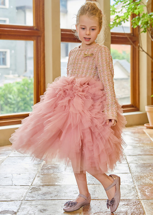 DIY Pink O-Neck Tulle Kids Long Dress Winter RP048 ABC