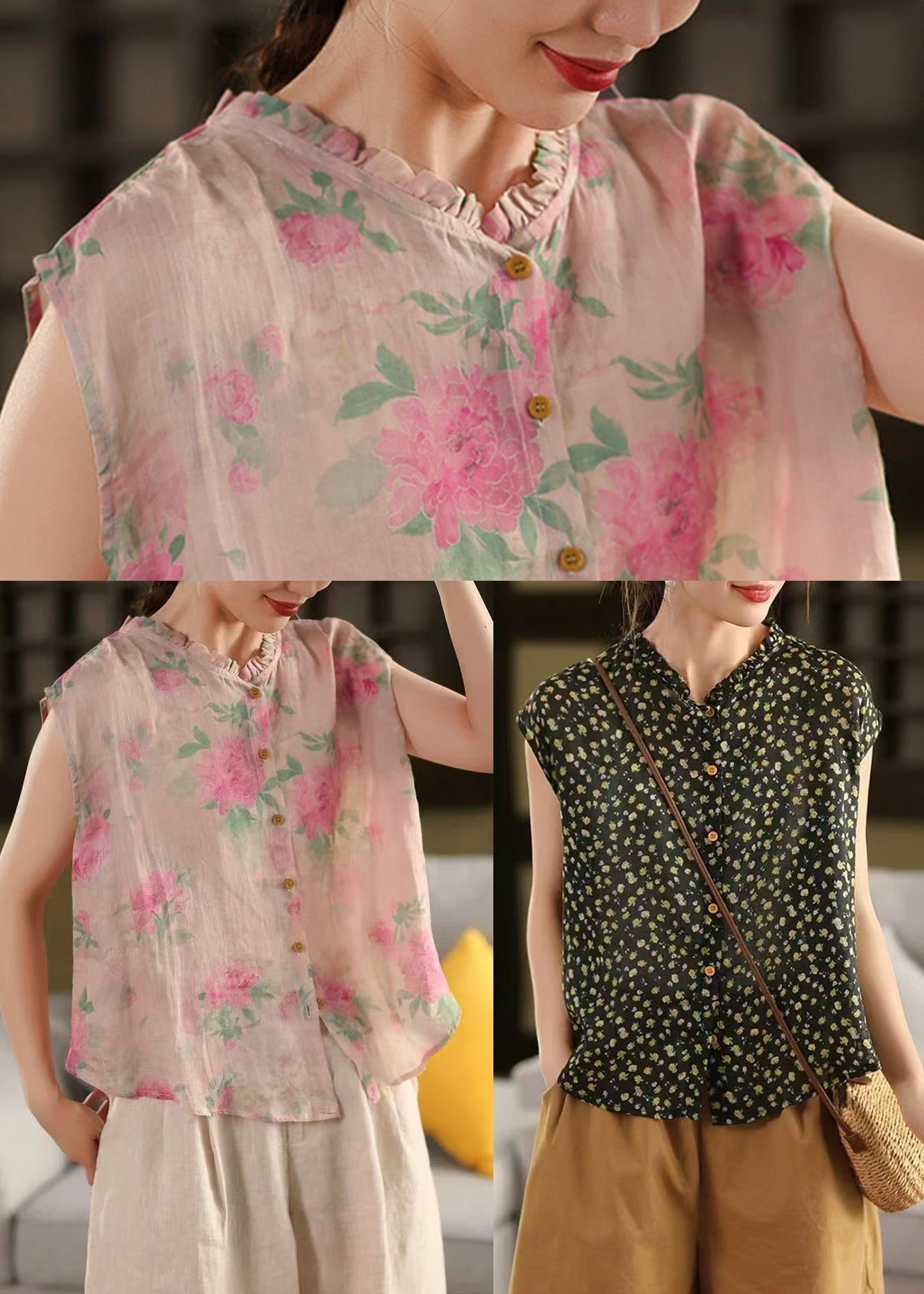 Sleeveless Ruffled Linen Print DIY Tops Pink FashionChic