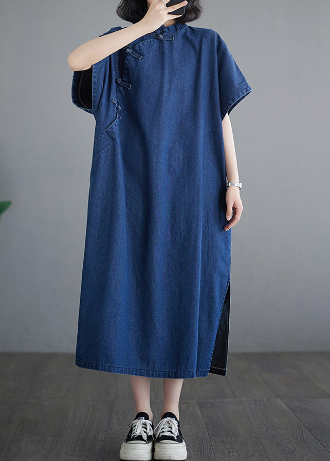 Button Dress Patchwork Denim Blue Long Summer Side Dark Open FashionChic