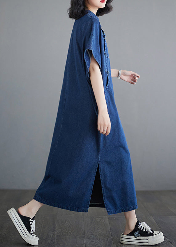 Button Dress Patchwork Denim Blue Long Summer Side Dark Open FashionChic