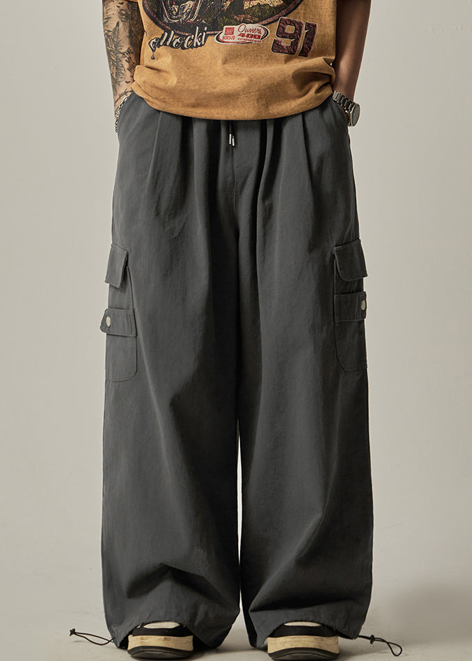 Spring Beam Elastic Waist Pants Mens Grey Cotton Pockets Dark FashionChic