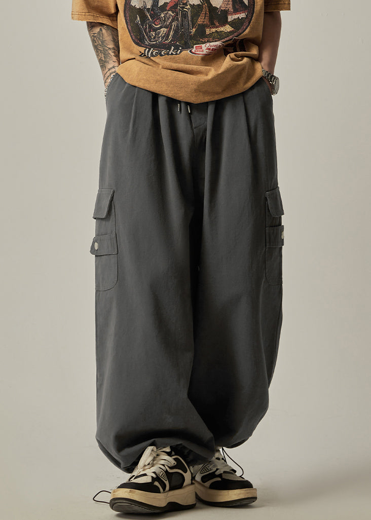 Spring Beam Elastic Waist Pants Mens Grey Cotton Pockets Dark FashionChic