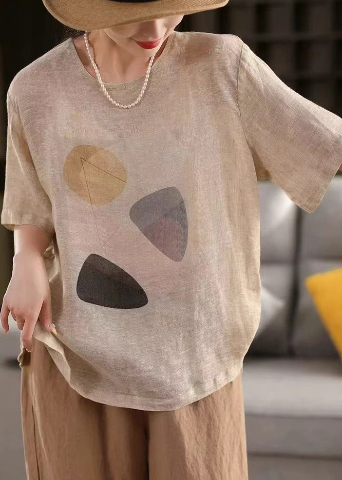 Shirt Grey Print T Linen Dark O Neck Pullover Summer FashionChic
