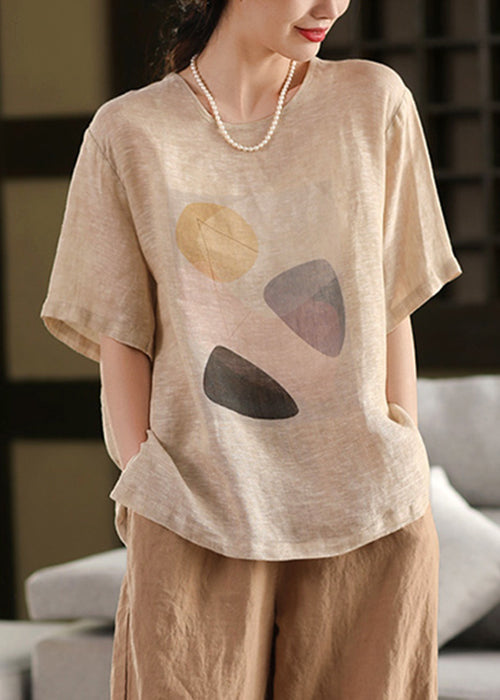 Shirt Grey Print T Linen Dark O Neck Pullover Summer FashionChic