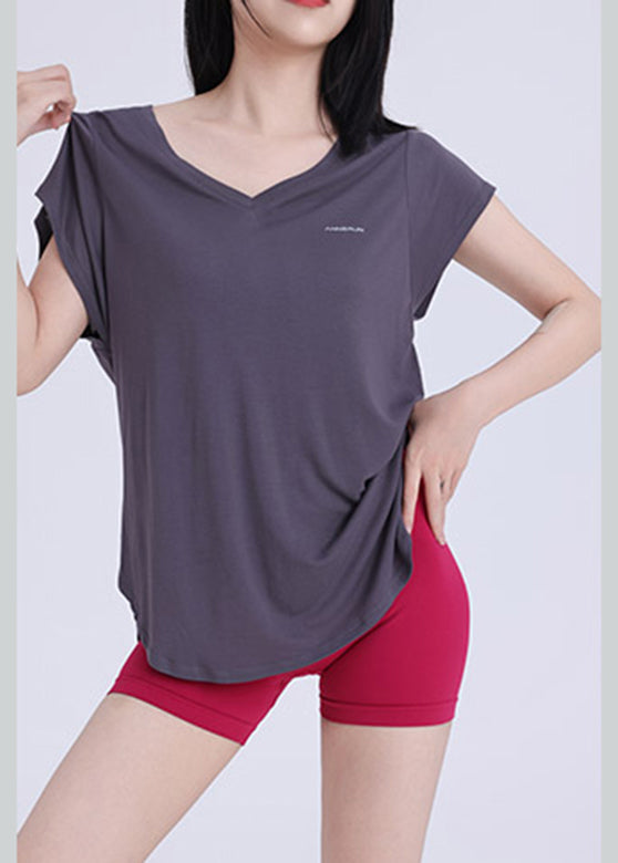 Neck Dark Wrap Solid V Top Yoga Grey FashionChic