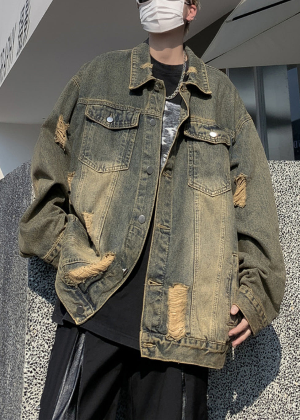 Collar Denim Pan Patchwork Hole Blue Men Peter Coat FashionChic