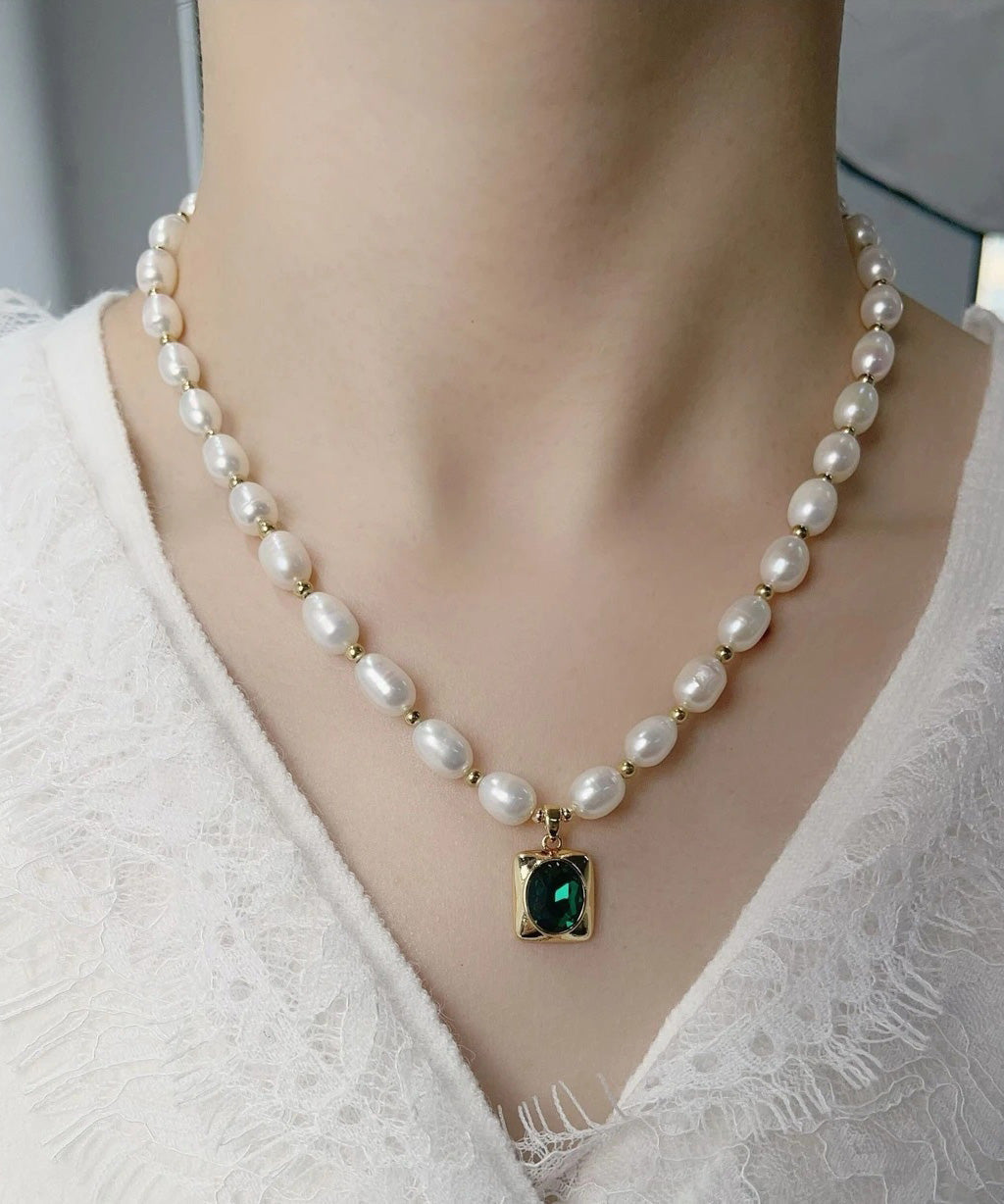 Dinner Pearl Necklace Copper White Overgild Pendant Diamond FashionChic