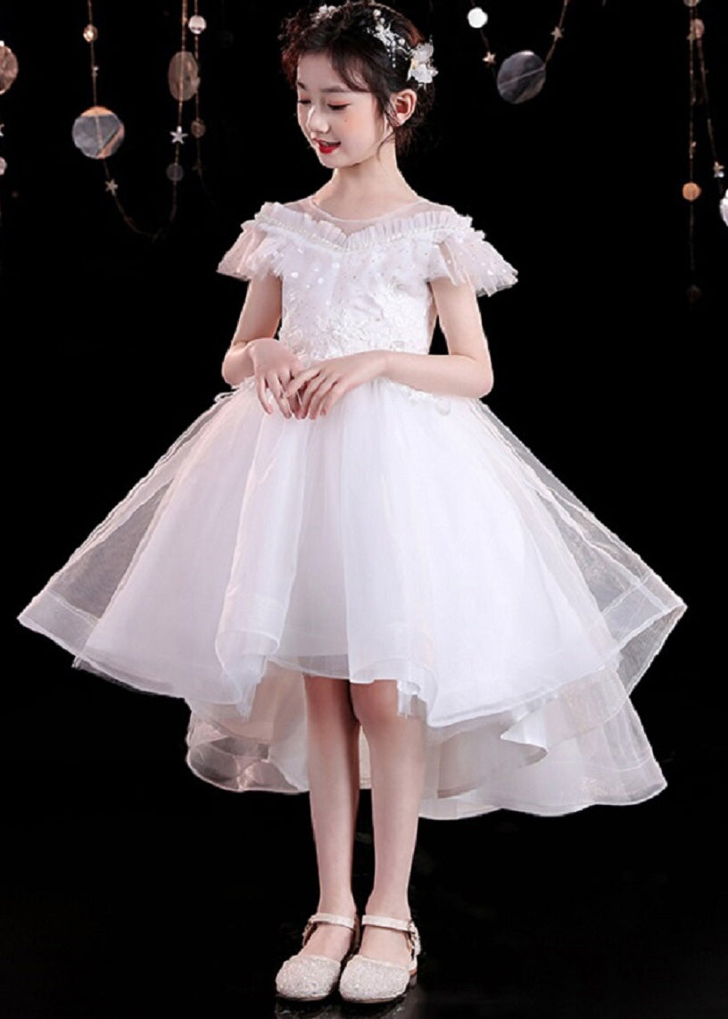 Dinner White O-Neck Floral Kids Tulle Party Maxi Dress Summer XZ026 SDGL240618