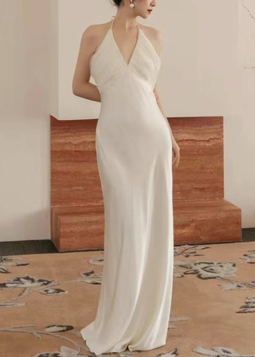 Dinner White V Neck Tulle Patchwork Maxi Dresses Sleeveless ZL057 SH-LF-SDL240621