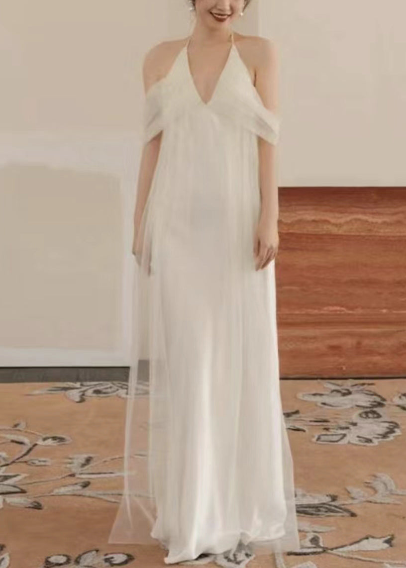 Dinner White V Neck Tulle Patchwork Maxi Dresses Sleeveless ZL057 SH-LF-SDL240621