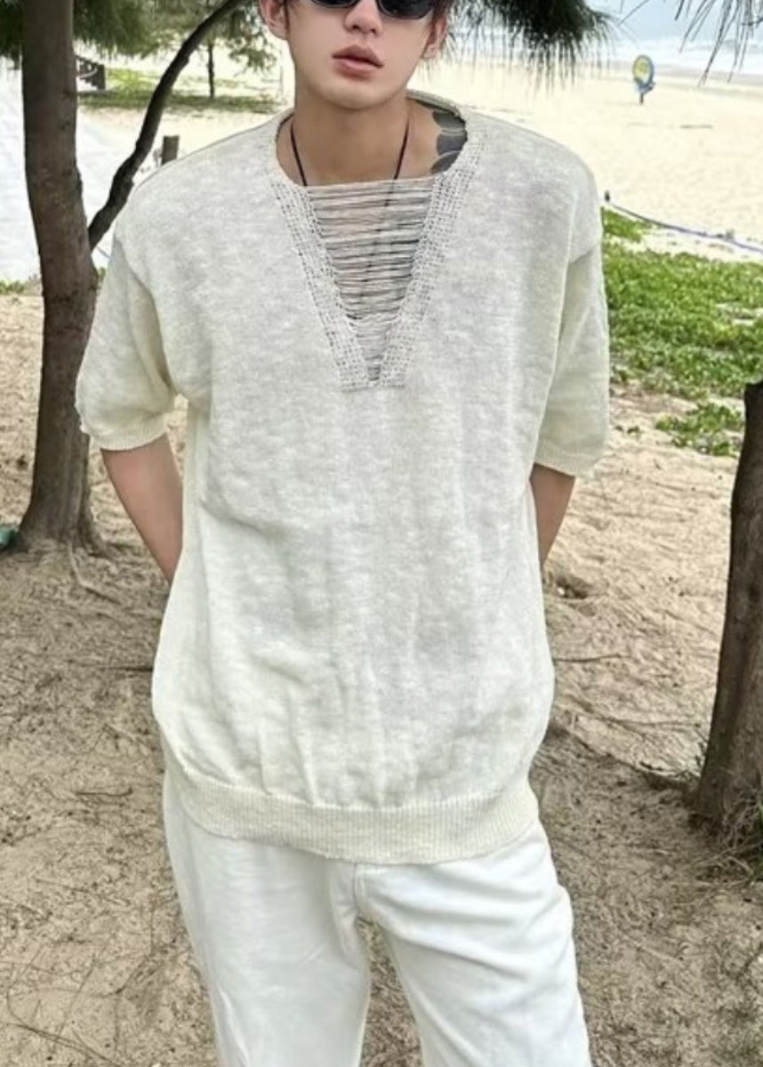 Ripped T Neck Men Cotton Summer Shirt Diy V White FashionChic