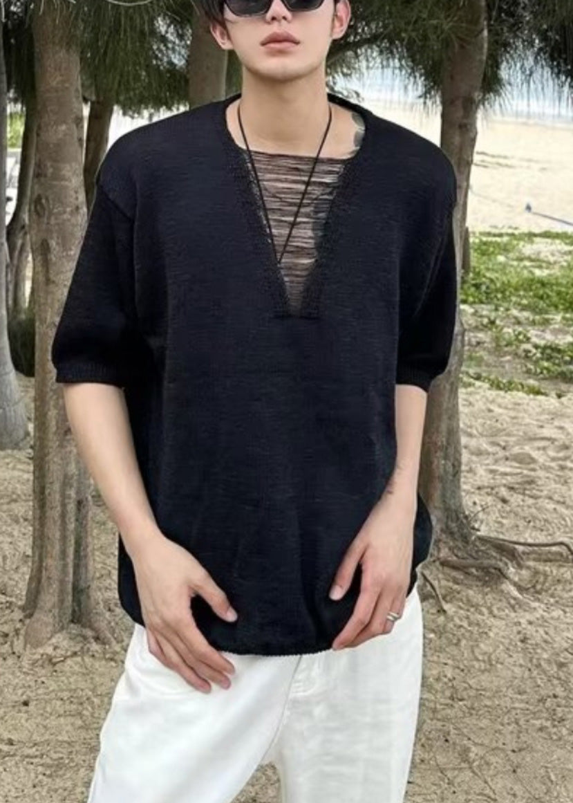 Ripped T Neck Men Cotton Summer Shirt Diy V White FashionChic