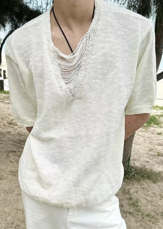 Ripped T Neck Men Cotton Summer Shirt Diy V White FashionChic