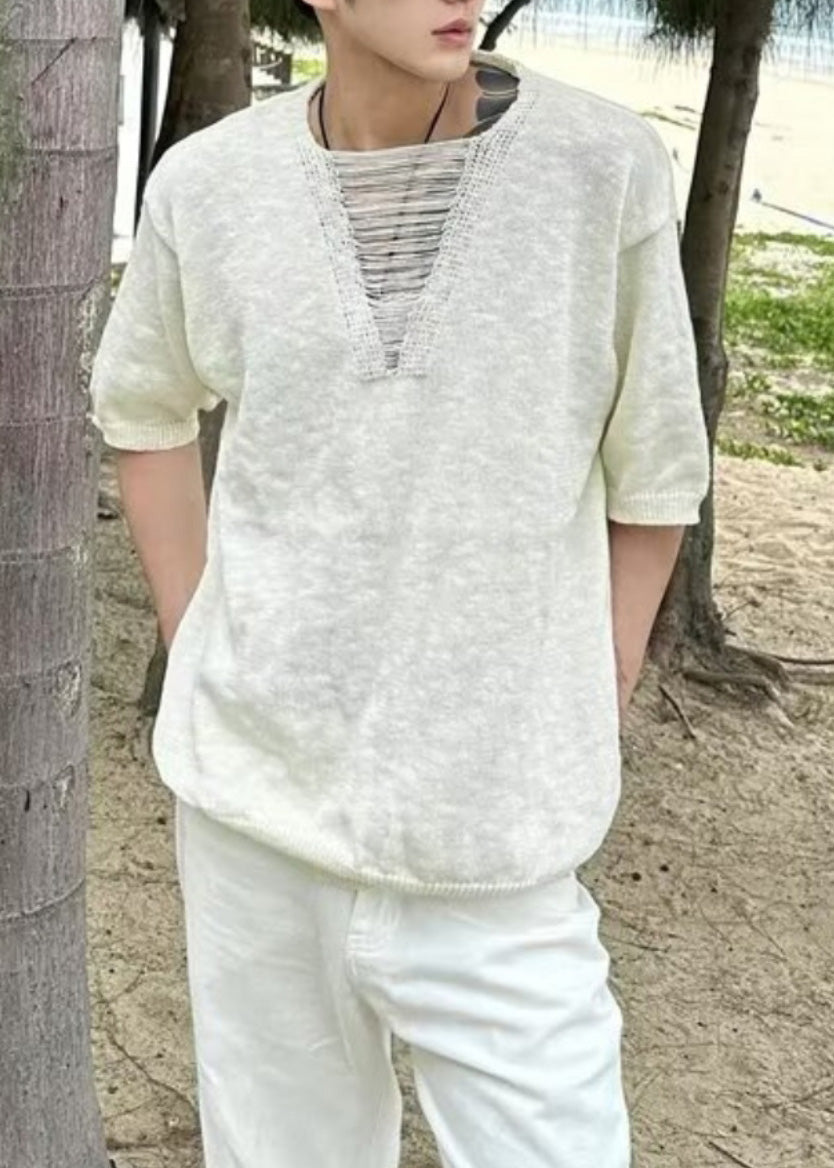 Ripped T Neck Men Cotton Summer Shirt Diy V White FashionChic