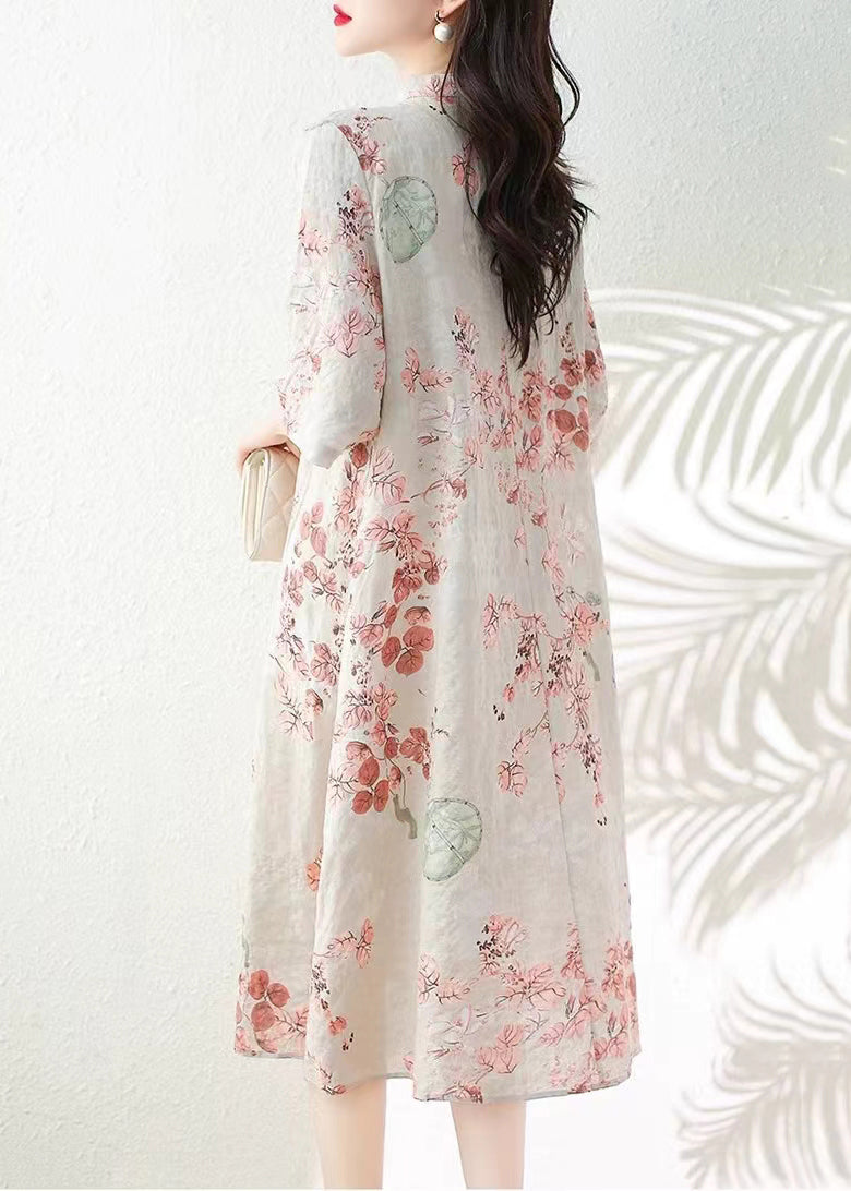 Elegant Apricot Button Print Linen Dress Half Sleeve JH012 MMDM-SDL240717