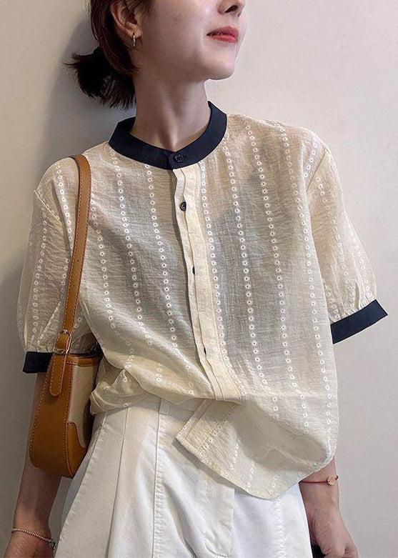 Cotton Apricot Summer Embroidered Elegant Button Shirts FashionChic