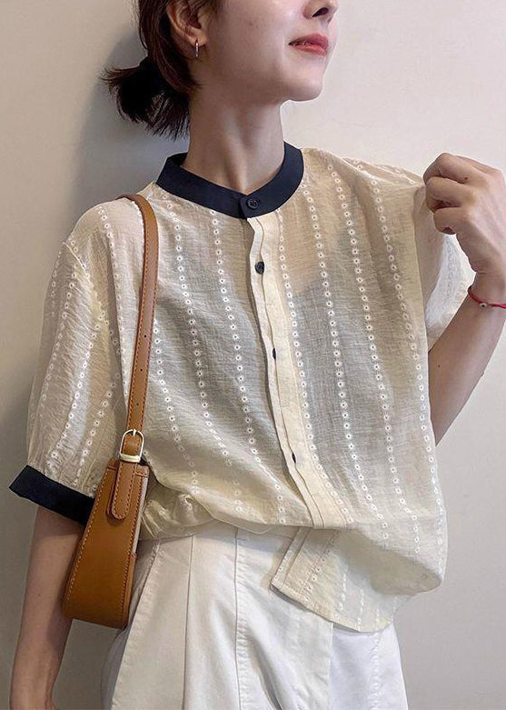 Cotton Apricot Summer Embroidered Elegant Button Shirts FashionChic