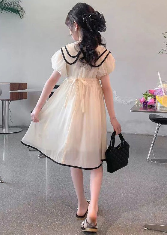 Elegant Apricot Peter Pan Collar Tie Waist Chiffon Girls Dress Summer TT010 WS-RCTZSDGL240815