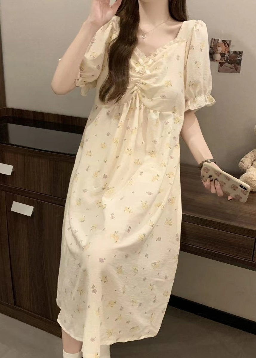 Elegant Apricot Print Ruffled Cotton Pajamas Dress V Neck Summer YK009 ABC