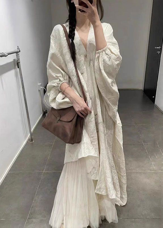 Elegant Beige Asymmetrical Tulle Patchwork Maxi Dress Lantern Sleeve XX095 SH-LF-SDL240611