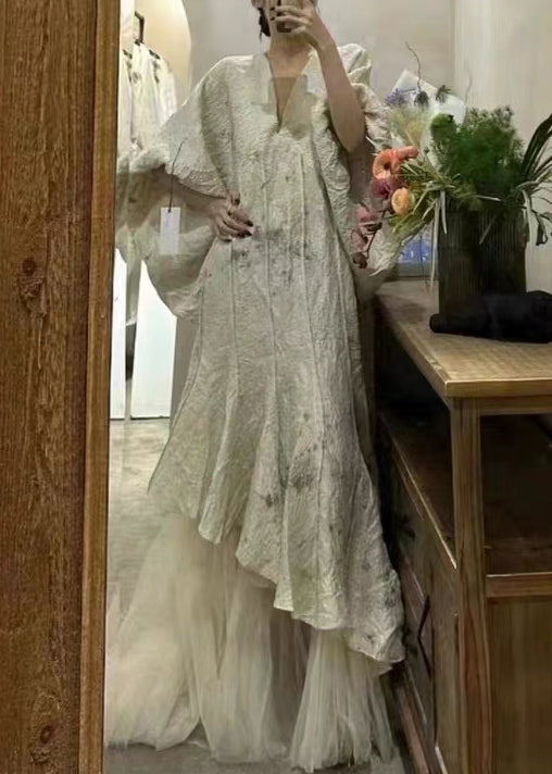 Elegant Beige Asymmetrical Tulle Patchwork Maxi Dress Lantern Sleeve XX095 SH-LF-SDL240611