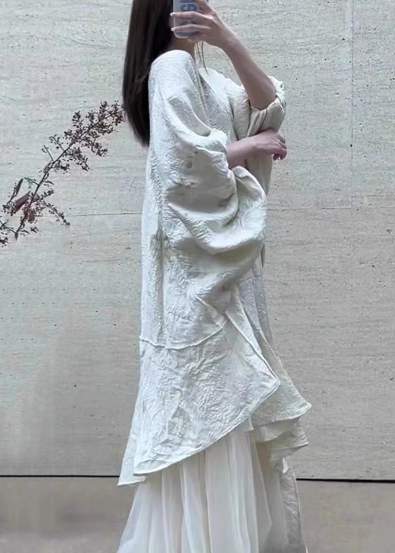 Elegant Beige Asymmetrical Tulle Patchwork Maxi Dress Lantern Sleeve XX095 SH-LF-SDL240611