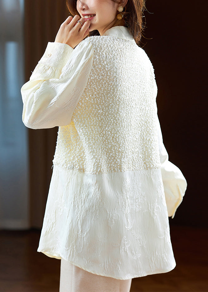 Elegant Beige Chinese Button Sequins Silk Shirt Long Sleeve AC1003 Genistyle Shop