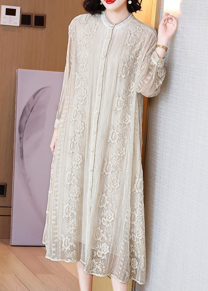 Elegant Beige Embroidered Button Silk Long Dresses Long Sleeve OP1091 Ada Fashion