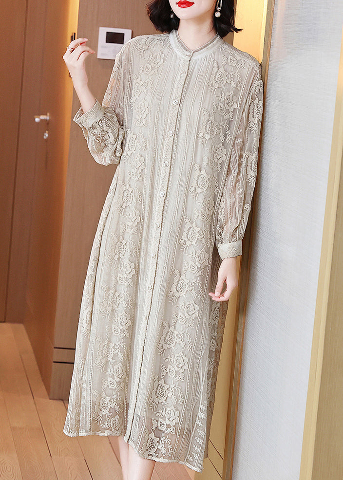 Elegant Beige Embroidered Button Silk Long Dresses Long Sleeve OP1091 Ada Fashion