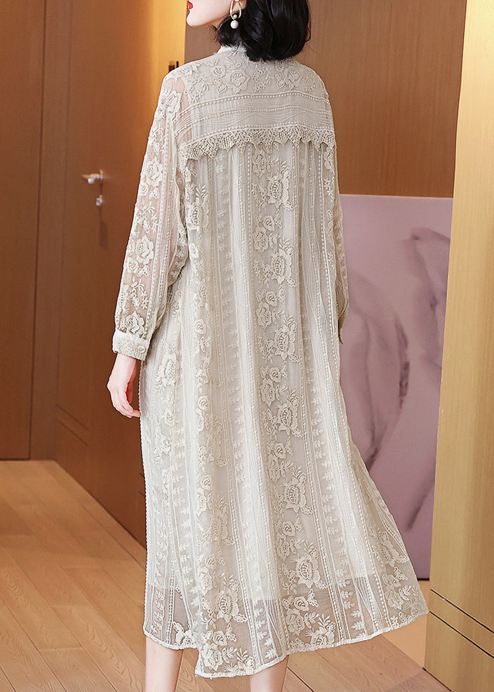 Elegant Beige Embroidered Button Silk Long Dresses Long Sleeve OP1091 Ada Fashion
