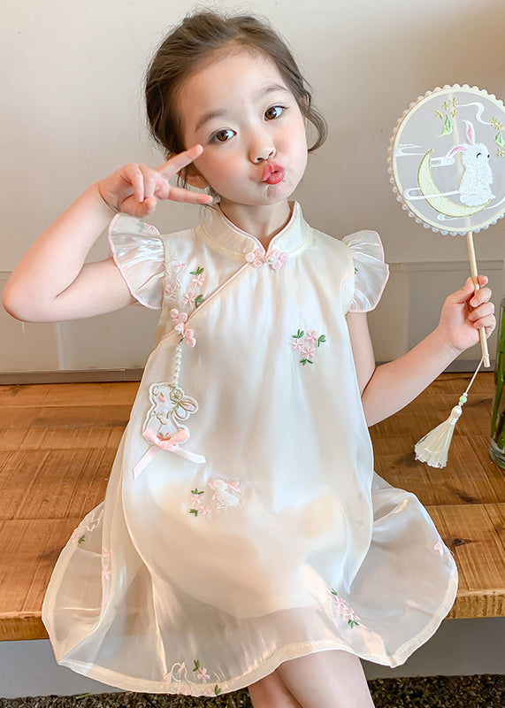 Elegant Beige Embroideried Button Tulle Girls Long Dresses Summer MN014 MM-RCTZ-SDL240701
