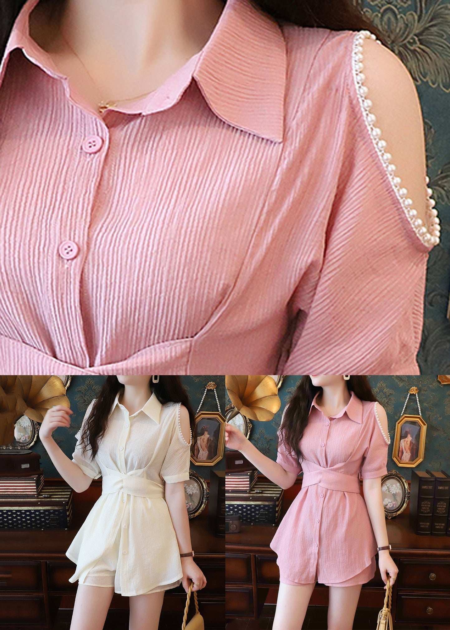 Summer And Elegant Shorts Two-Piece Beige Cotton Set Shirts Pearl FashionChic