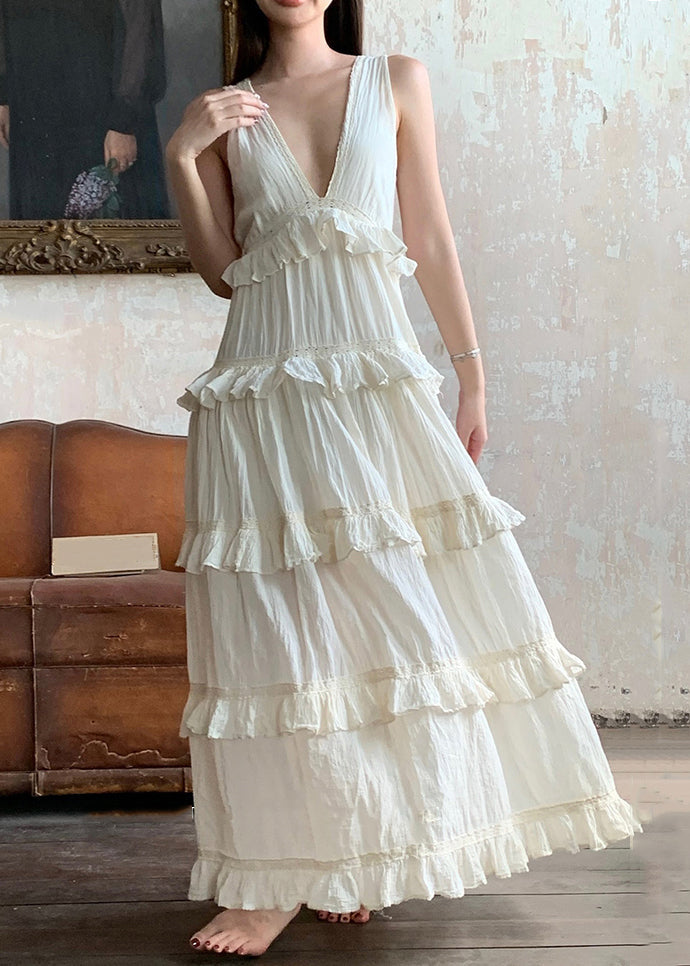 Elegant Beige V Neck Ruffled Solid Cotton Long Dresses Summer ZL011 SH-LF-SDL240621